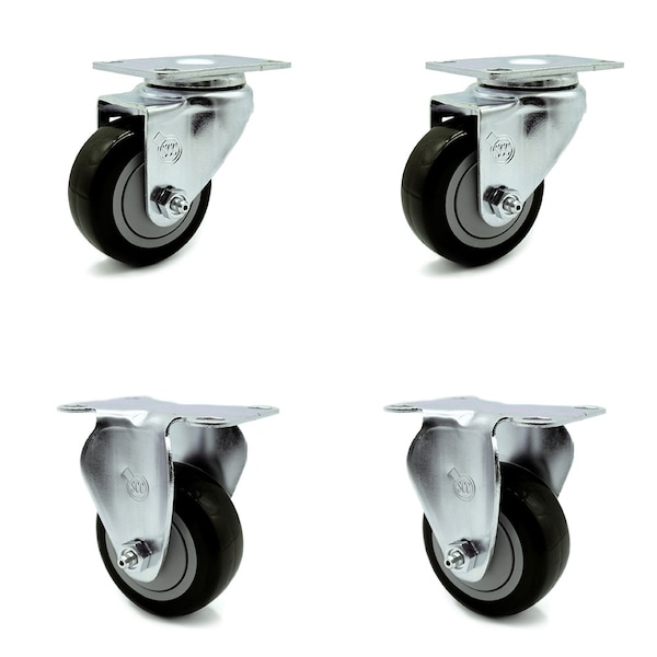 3 Inch Black Polyurethane Wheel Swivel Top Plate Caster Set with 2 Rigid SCC